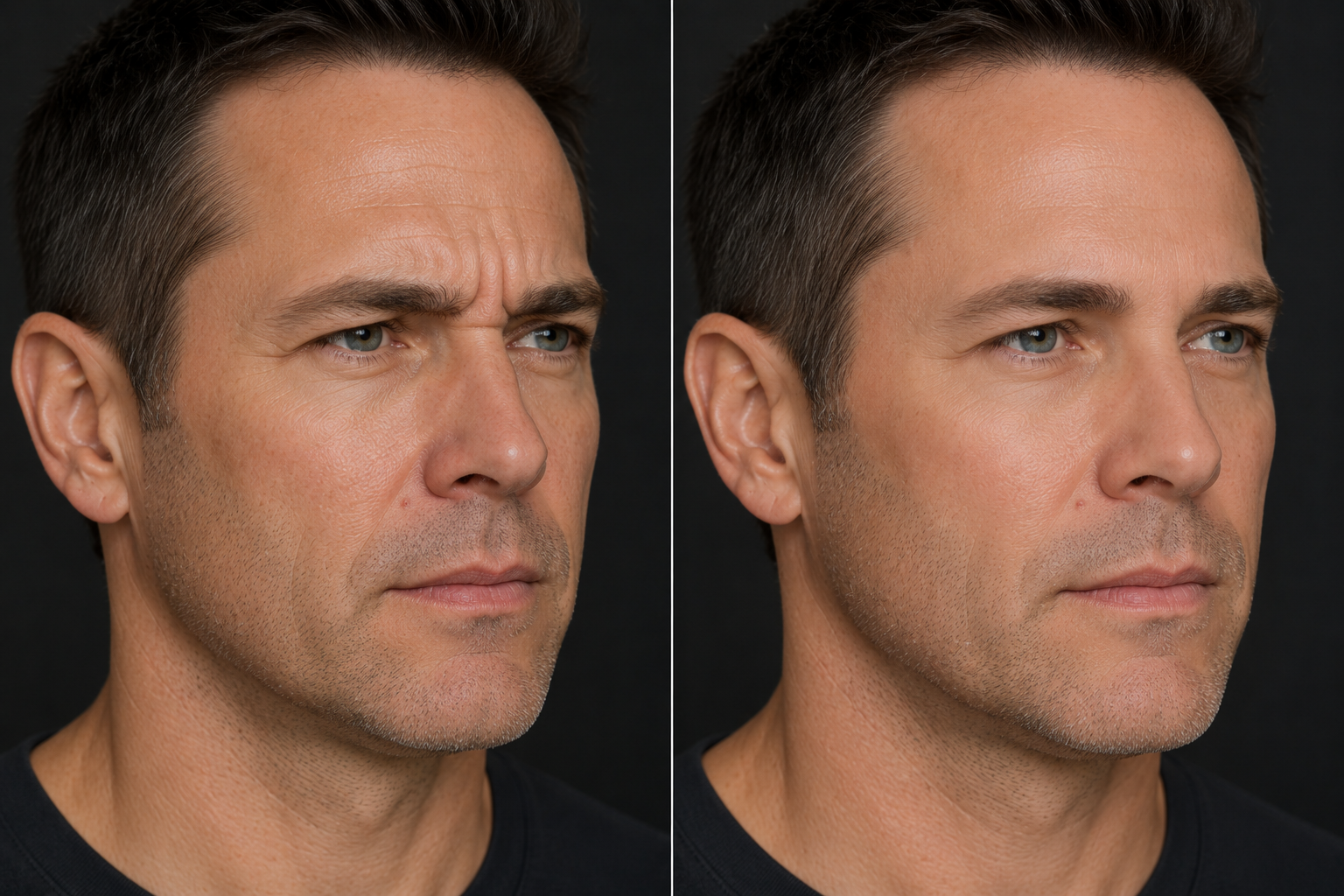 Side-by-side comparison of a man's forehead and brow showing softened expression lines