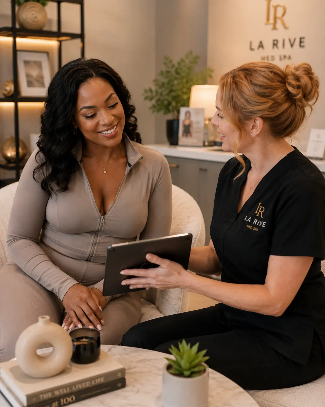 A client reviewing her weight-management progress on a tablet with her La Rive clinician