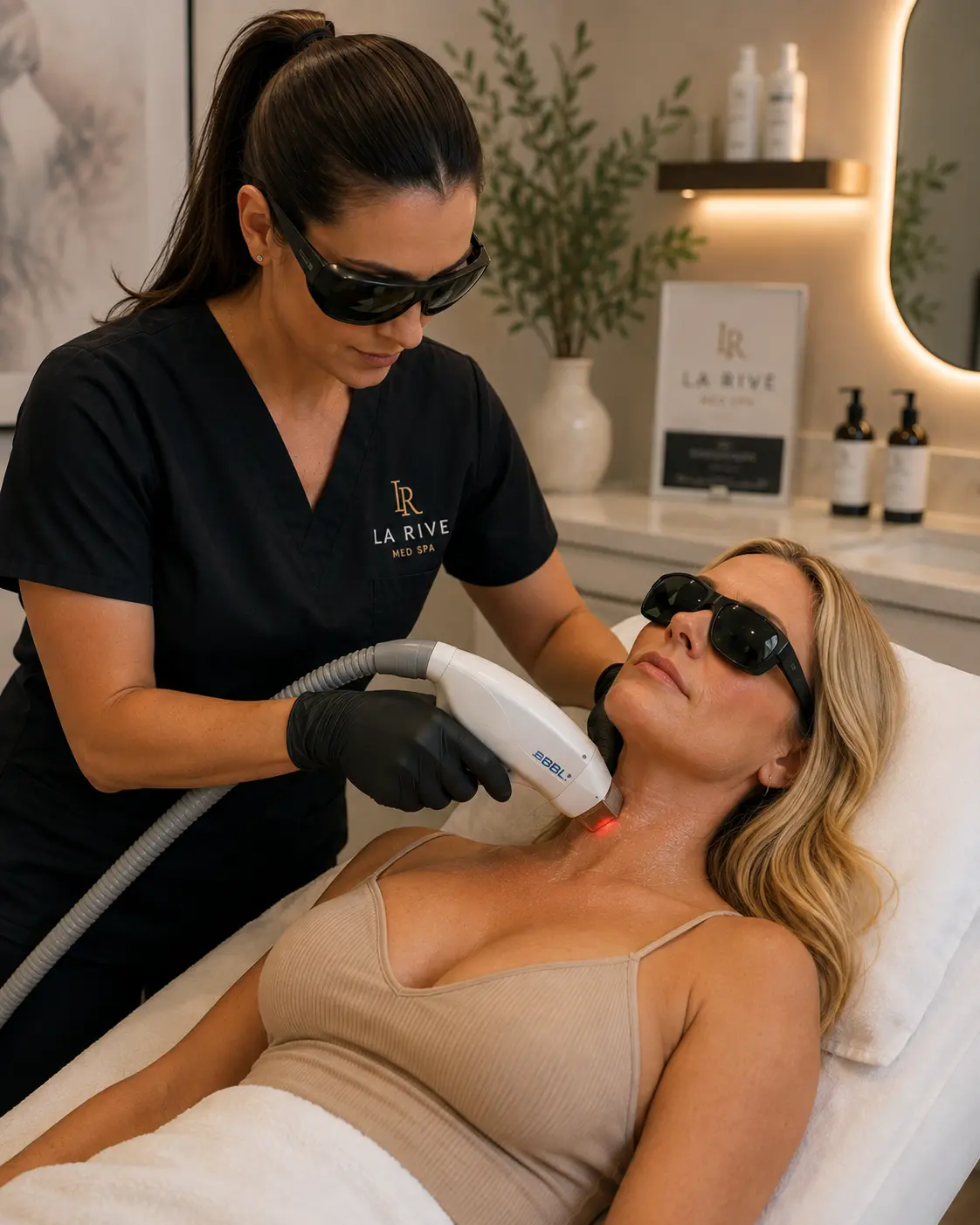 A La Rive clinician performing a laser energy treatment on a client's neck and décolletage