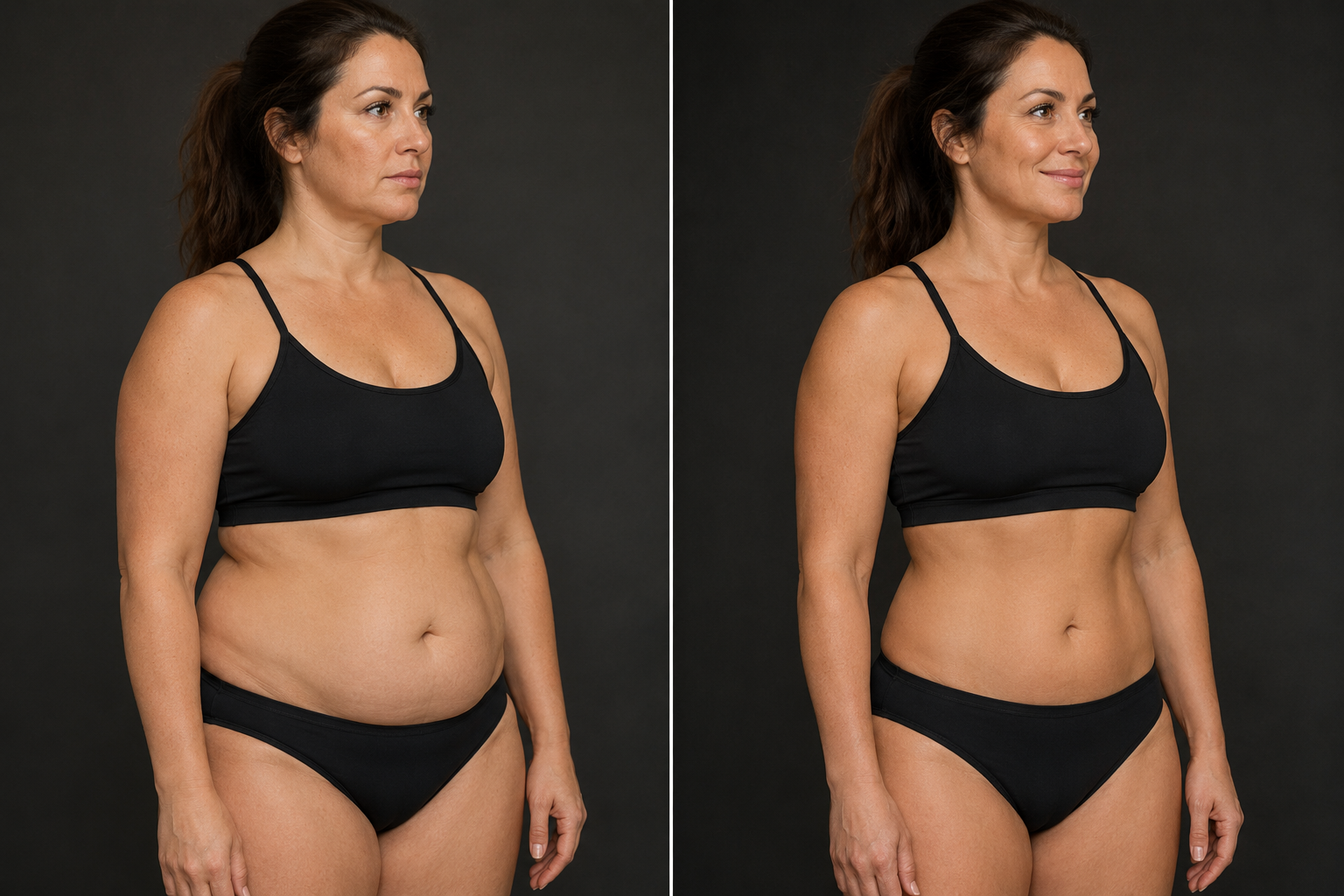 Side-by-side comparison of a woman's abdomen and waistline showing a more refined silhouette