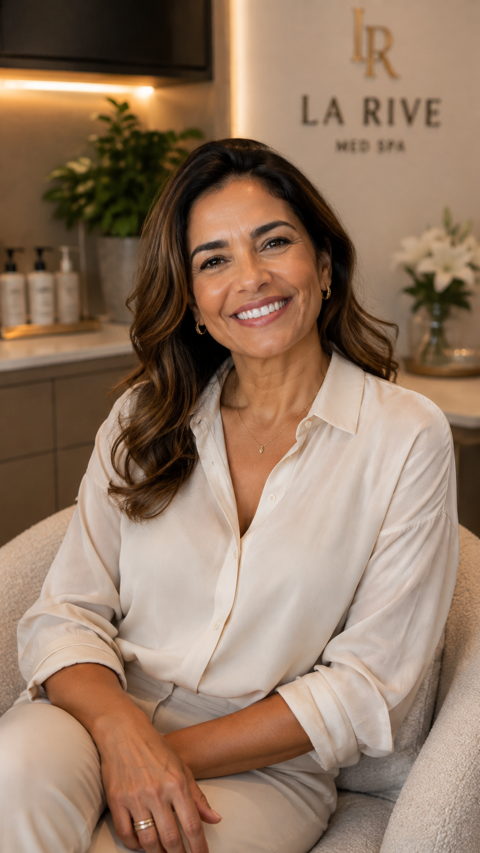 A smiling client seated in a warm La Rive Med Spa treatment room