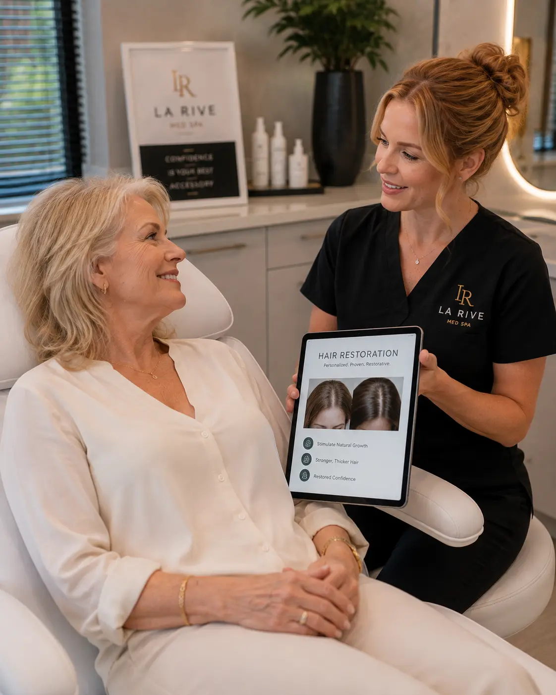 A La Rive clinician discussing hair restoration options on a tablet with an older female client