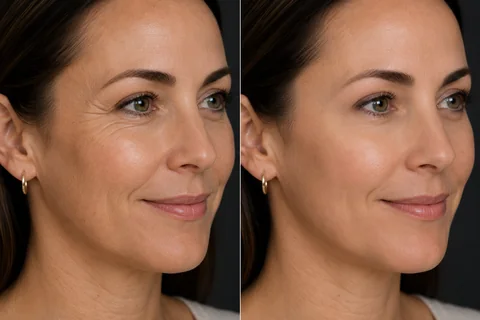 Before-and-after comparison of a woman's eye area showing softened expression lines