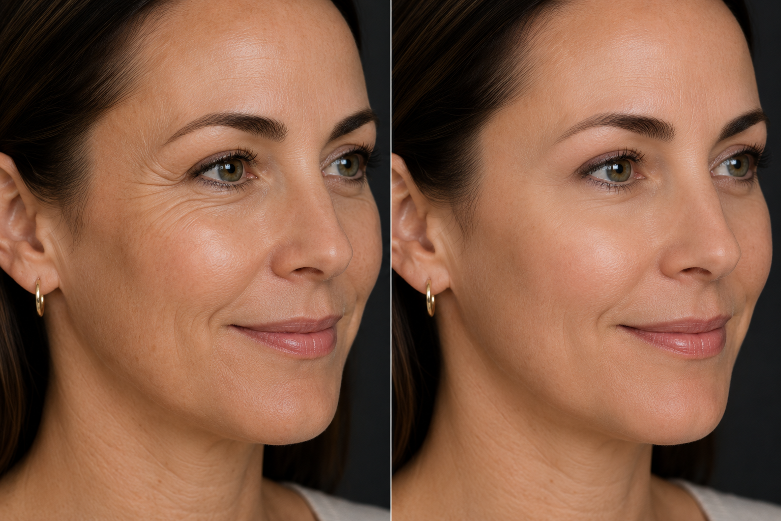 Side-by-side comparison of a woman's eye area showing softened expression lines